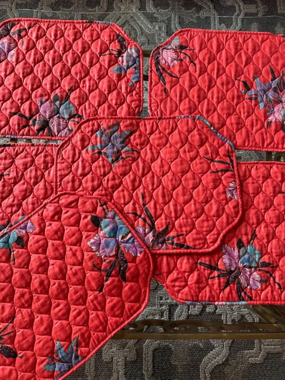 6 Vintage Quilted Placemats Orange Red Floral Table Mats Cottage Kitchen Linens
